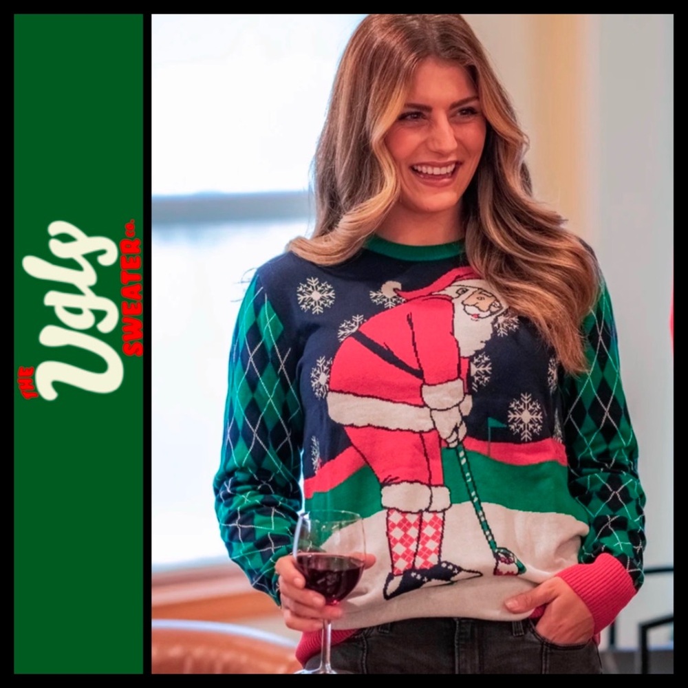 Ugly Christmas Sweater Women's Navy Green Red Santa Golf Crewneck Sweater